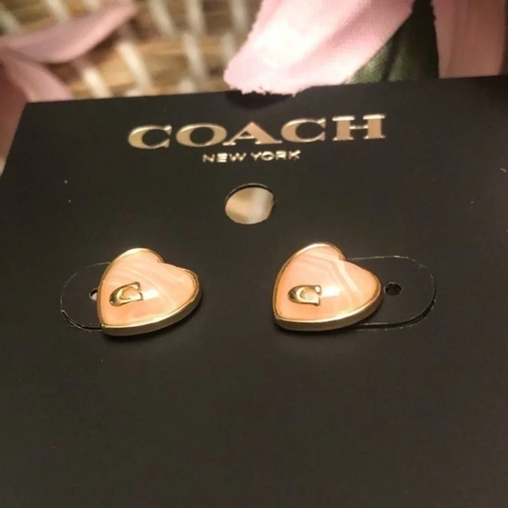 Coach Rose Gold Heart Stud Earrings Logo Designer Jewelry NWT - Picture 2 of 7
